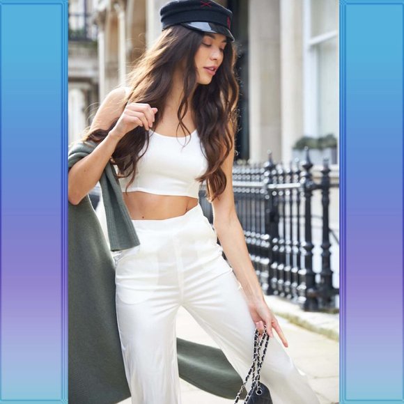 NWT Size L COSHEROOM Off-White 2pc Silk set Crop top and Pants - Picture 1 of 15